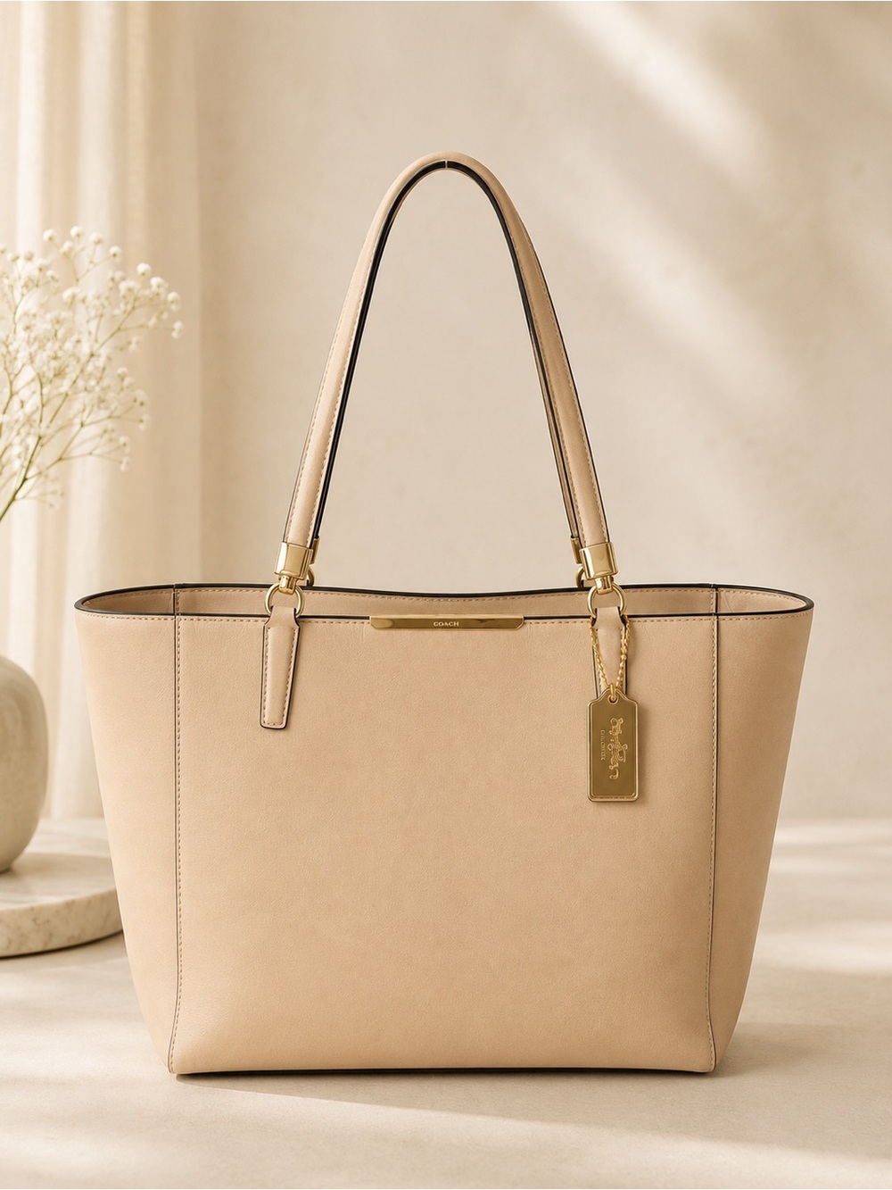 Coach Beige Saffiano Leather Tote Bag Large Shoulder Purse Gold Hardware